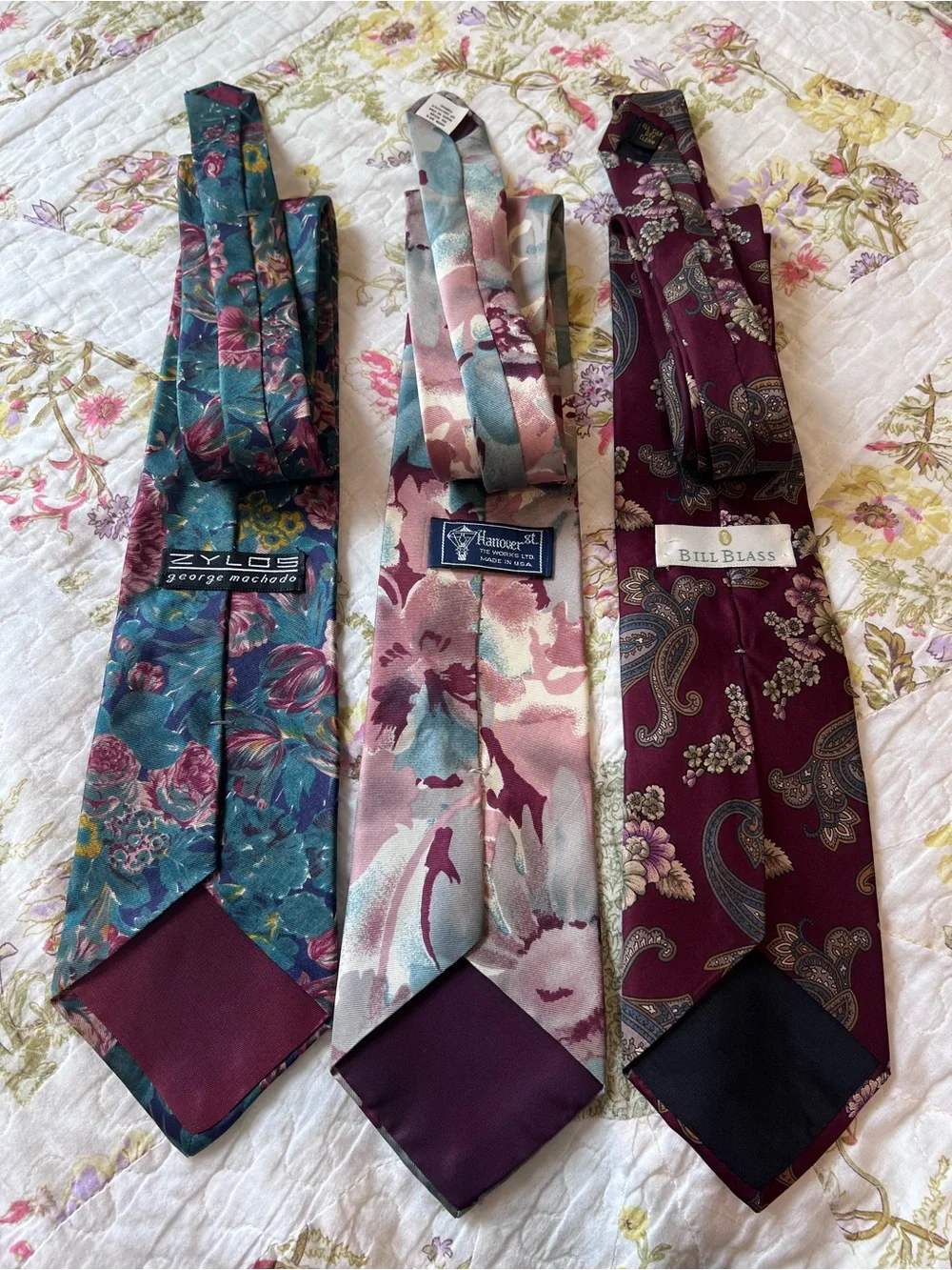 Vintage Silk Tie Lot 3pc Bill Blass Zylos Hanover St Floral Paisley Bundle